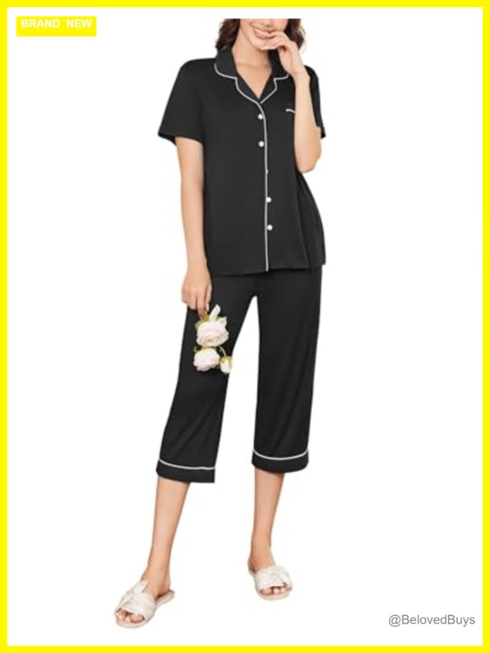 Ekouaer Women's 2-Piece Capri Pajama Set Short Sleeve Button Down Sleepwear